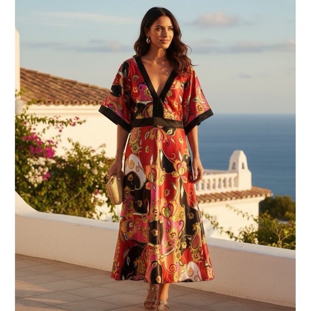 ShesCool Boho Floral Maxi Dress 1X Satin Retro Kimono Sleeve Festival Flowy Wear